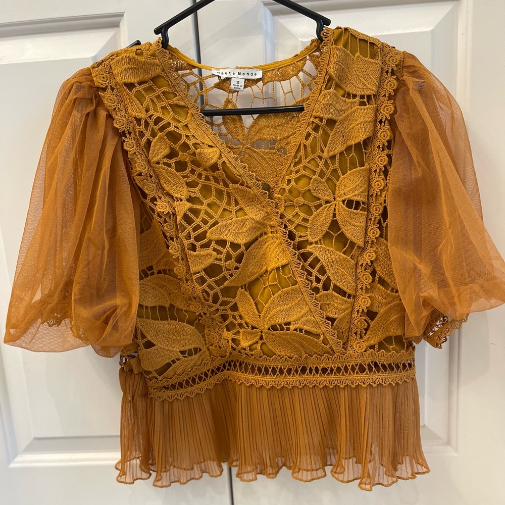 Haute Monde mustard seed color chic top with elegant detail